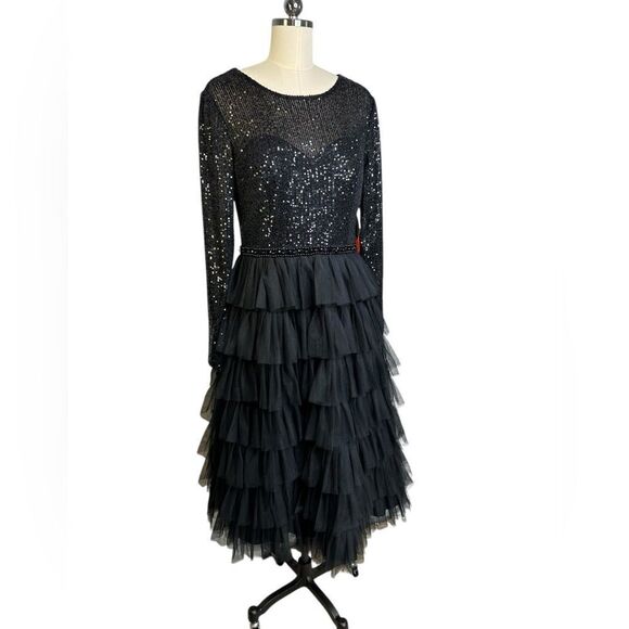 Mac Duggal Black Long Sleeve Ruffle Tiered Sequin Midi Cocktail Dress| 10 - Picture 6 of 10